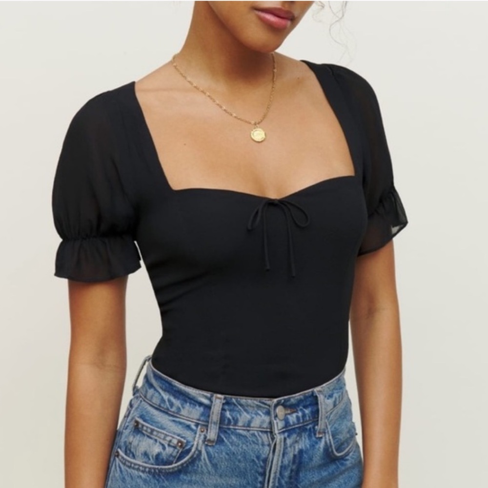 Reformation Black Delevan Square Neck Short Sleeve Top